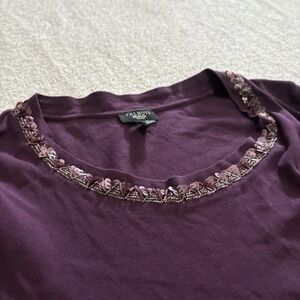 Talbots Women's M Petite‎ Purple Long Sleeve Round Beaded Sequin Neck Blouse Top